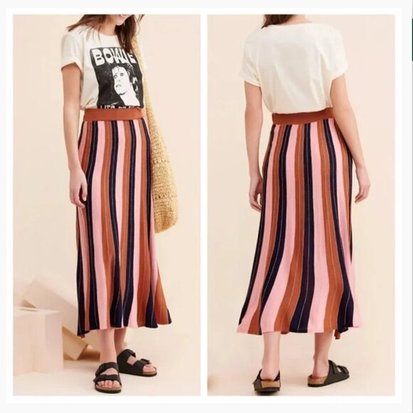 ✨ NWT FOXIEDOX for Anthropologie Striped Knit Anne Midi Skirt – Navy - Size M - Picture 2 of 9